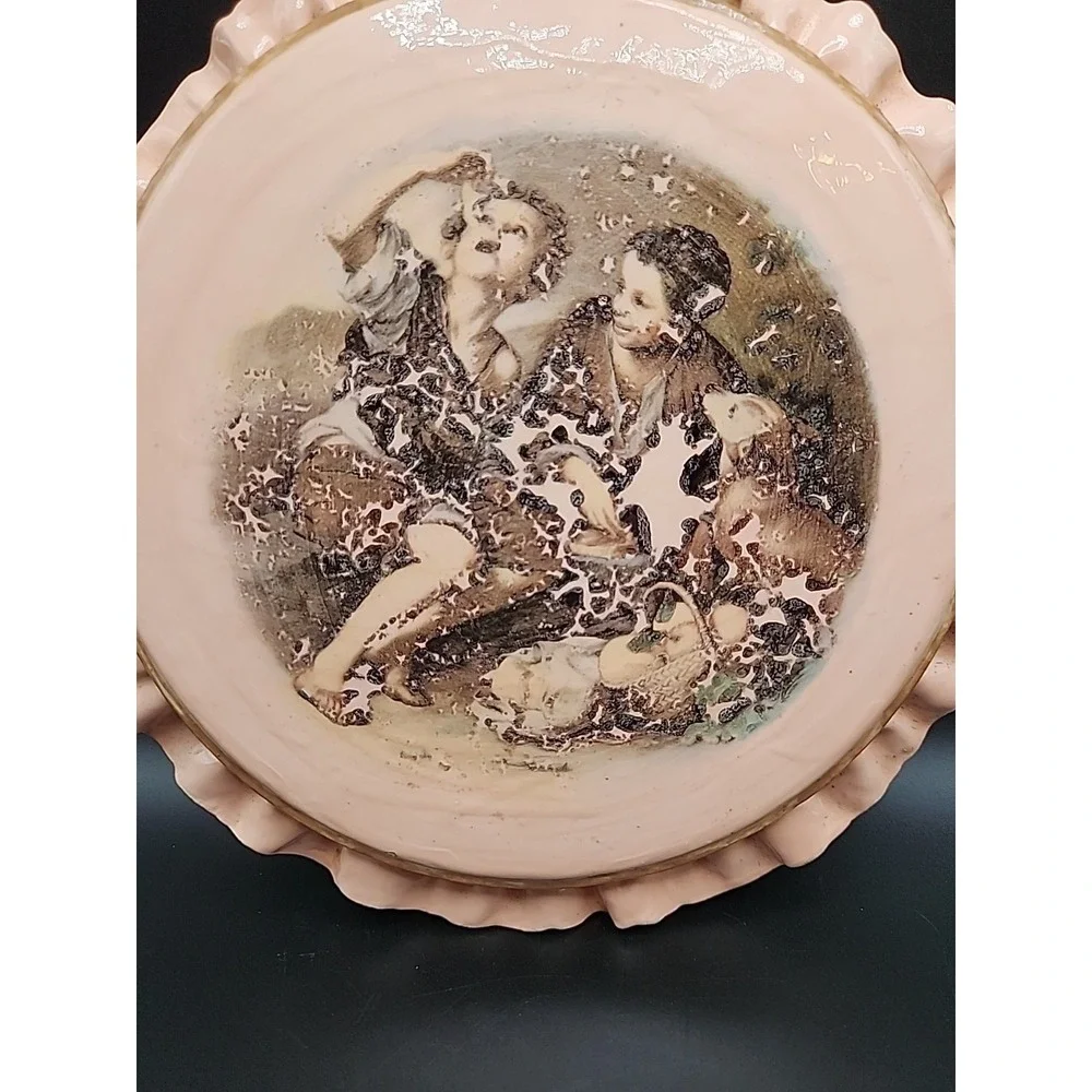 Set Of Two‎ Vintage Glazed Cermaic Hot Pads/ Wall Hangings W/ Victorian Scene